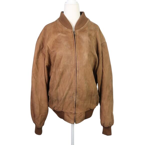 Vintage Sheep Leather Brown Tan Leather Zip Front Bomber Jacket Mens L - Picture 1 of 5
